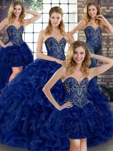 Traditional Floor Length Royal Blue 15 Quinceanera Dress Organza Sleeveless Beading and Ruffles