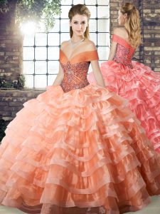 Dynamic Peach Organza Lace Up Quinceanera Dress Sleeveless Brush Train Beading and Ruffled Layers