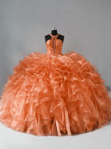 Luxurious Brush Train Ball Gowns Quinceanera Dresses Orange Halter Top Organza Sleeveless Zipper