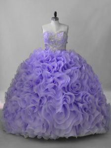Luxury Sweetheart Sleeveless Fabric With Rolling Flowers 15 Quinceanera Dress Beading Brush Train Lace Up