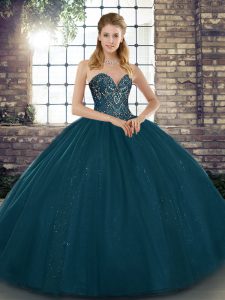 Beautiful Tulle Sweetheart Sleeveless Lace Up Beading Vestidos de Quinceanera in Teal