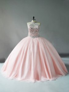 Superior Pink Halter Top Beading Quince Ball Gowns Sleeveless
