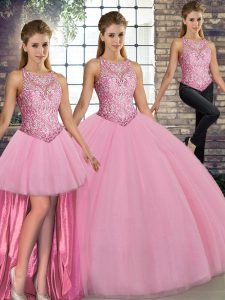 Floor Length Three Pieces Sleeveless Pink 15th Birthday Dress Lace Up