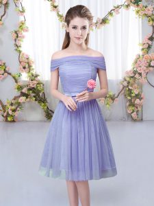 High Quality Empire Dama Dress Lavender Off The Shoulder Tulle Short Sleeves Knee Length Lace Up
