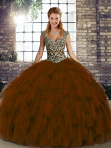 Fashion Brown Straps Lace Up Beading and Ruffles Quinceanera Dresses Sleeveless
