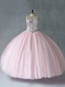 Suitable Floor Length Baby Pink Sweet 16 Dress Scoop Sleeveless Lace Up