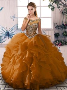 New Style Brown Organza Lace Up Scoop Sleeveless Floor Length Quinceanera Dress Beading and Ruffles