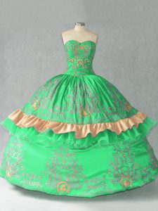 Sleeveless Organza Floor Length Lace Up Vestidos de Quinceanera in Green with Embroidery and Bowknot