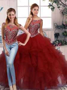 Glittering Sleeveless Floor Length Beading and Ruffles Zipper Quince Ball Gowns with Burgundy