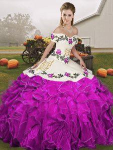 White And Purple 15th Birthday Dress Military Ball and Sweet 16 and Quinceanera with Embroidery and Ruffles Off The Shoulder Sleeveless Lace Up
