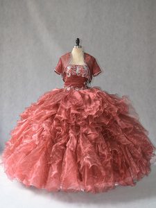 Chic Red Sleeveless Floor Length Beading and Ruffles Lace Up Quinceanera Dress