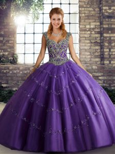 Sophisticated Sleeveless Tulle Floor Length Lace Up Quinceanera Dress in Purple with Beading and Appliques