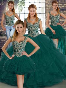 Dynamic Sleeveless Tulle Floor Length Lace Up Vestidos de Quinceanera in Peacock Green with Beading and Ruffles