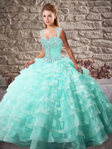 Sleeveless Beading and Ruffled Layers Lace Up Vestidos de Quinceanera with Aqua Blue Court Train