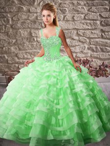 Eye-catching Green Sleeveless Beading and Ruffled Layers Lace Up Ball Gown Prom Dress