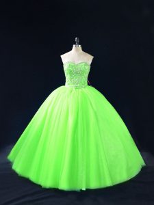 Sleeveless Floor Length Beading Lace Up Quinceanera Dress with