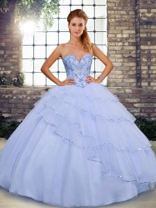 Exquisite Lavender Tulle Lace Up Quinceanera Gowns Sleeveless Brush Train Beading and Ruffled Layers