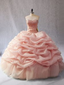 Fine Peach Lace Up Quinceanera Dresses Beading and Pick Ups Sleeveless Floor Length