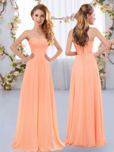 Sleeveless Chiffon Floor Length Lace Up Quinceanera Court Dresses in Peach with Ruching