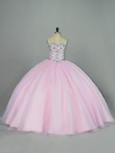 Fashionable Baby Pink Lace Up Ball Gown Prom Dress Beading Sleeveless