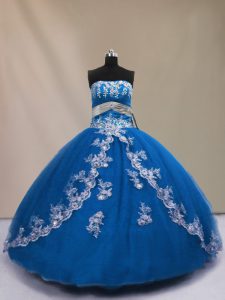 Amazing Blue Tulle Lace Up Strapless Sleeveless Floor Length Quinceanera Dress Appliques
