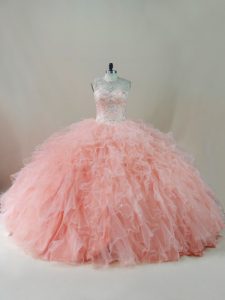 Peach Ball Gowns Beading and Ruffles Quinceanera Gown Lace Up Tulle Sleeveless Floor Length