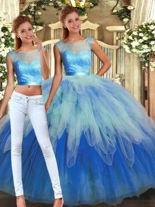 Sleeveless Floor Length Lace and Ruffles Backless Quince Ball Gowns with Multi-color