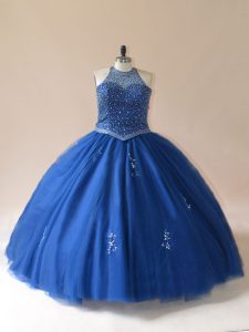 Floor Length Blue Sweet 16 Dress Tulle Sleeveless Beading