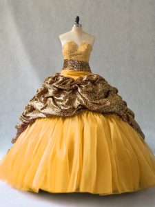 Classical Sleeveless Organza Brush Train Lace Up Quinceanera Dress in Gold with Beading and Pick Ups
