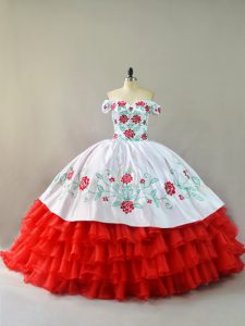 Organza Off The Shoulder Sleeveless Court Train Lace Up Embroidery and Ruffled Layers Ball Gown Prom Dress in White And Red