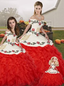 Exquisite White And Red Ball Gowns Embroidery and Ruffles Vestidos de Quinceanera Lace Up Organza Sleeveless Floor Length