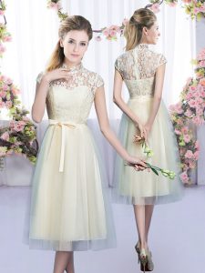 Champagne High-neck Zipper Lace and Bowknot Quinceanera Court of Honor Dress Cap Sleeves