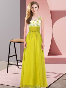 Low Price Olive Green Chiffon Backless Dama Dress for Quinceanera Sleeveless Floor Length Appliques