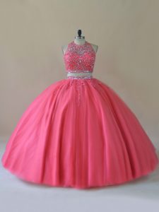 Custom Designed Coral Red Backless Ball Gown Prom Dress Beading Sleeveless Floor Length