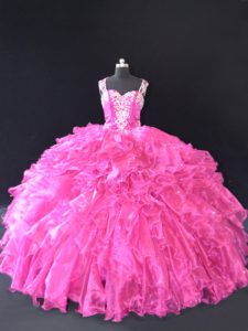 Fitting Fuchsia Sweet 16 Quinceanera Dress Sweet 16 and Quinceanera with Beading and Ruffles Straps Sleeveless Lace Up
