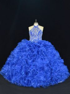 Enchanting Sleeveless Organza Floor Length Lace Up Ball Gown Prom Dress in Royal Blue with Beading and Ruffles