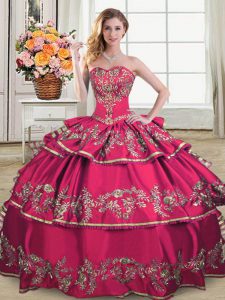 Most Popular Hot Pink Sweetheart Neckline Embroidery and Ruffled Layers Sweet 16 Dress Sleeveless Lace Up