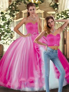 Elegant Sleeveless Tulle Floor Length Lace Up Sweet 16 Quinceanera Dress in Fuchsia with Beading