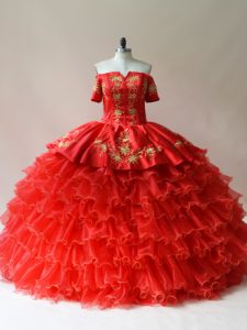 Organza Off The Shoulder Sleeveless Lace Up Embroidery and Ruffled Layers 15 Quinceanera Dress in Red