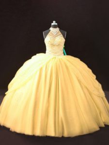 Lovely Floor Length Gold Quinceanera Dresses Halter Top Sleeveless Lace Up