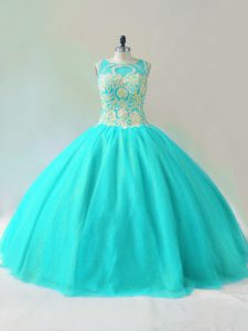 Fitting Tulle Scoop Sleeveless Lace Up Beading Quince Ball Gowns in Aqua Blue