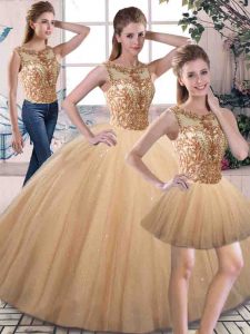 Pretty Floor Length Gold Sweet 16 Dress Tulle Sleeveless Beading