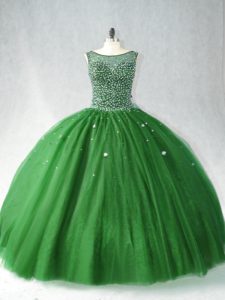 Artistic Dark Green Tulle Zipper 15th Birthday Dress Sleeveless Brush Train Beading