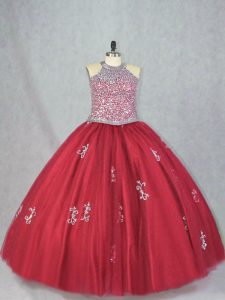 Artistic Floor Length Red 15th Birthday Dress Tulle Sleeveless Beading and Appliques