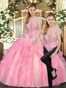 Sleeveless Floor Length Beading and Ruffles Lace Up Quinceanera Gowns with Baby Pink