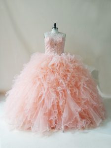 Sophisticated Peach Lace Up Ball Gown Prom Dress Beading and Ruffles Sleeveless Floor Length