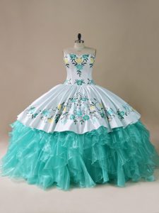 Affordable Blue And White Sweetheart Neckline Embroidery and Ruffles Sweet 16 Dress Sleeveless Lace Up