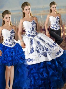 Blue And White Sweetheart Neckline Embroidery and Ruffles Quince Ball Gowns Sleeveless Lace Up
