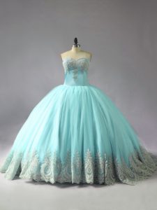 Blue Ball Gowns Sweetheart Sleeveless Tulle Court Train Lace Up Appliques 15 Quinceanera Dress