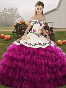 Glorious Organza Off The Shoulder Sleeveless Lace Up Embroidery and Ruffled Layers Ball Gown Prom Dress in Fuchsia